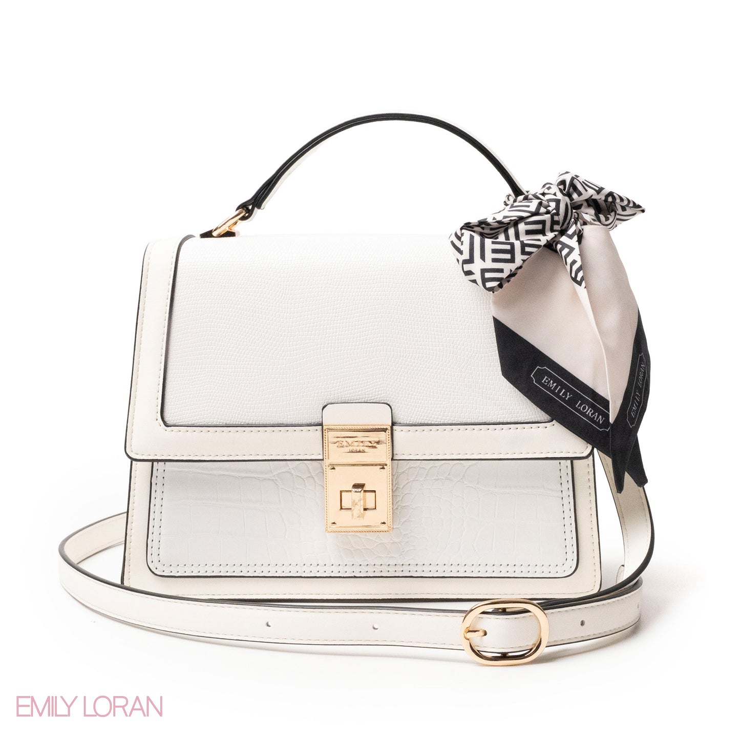 WHITE LEATHER HANDBAG WITH EMILY LORAN SCARF - MED