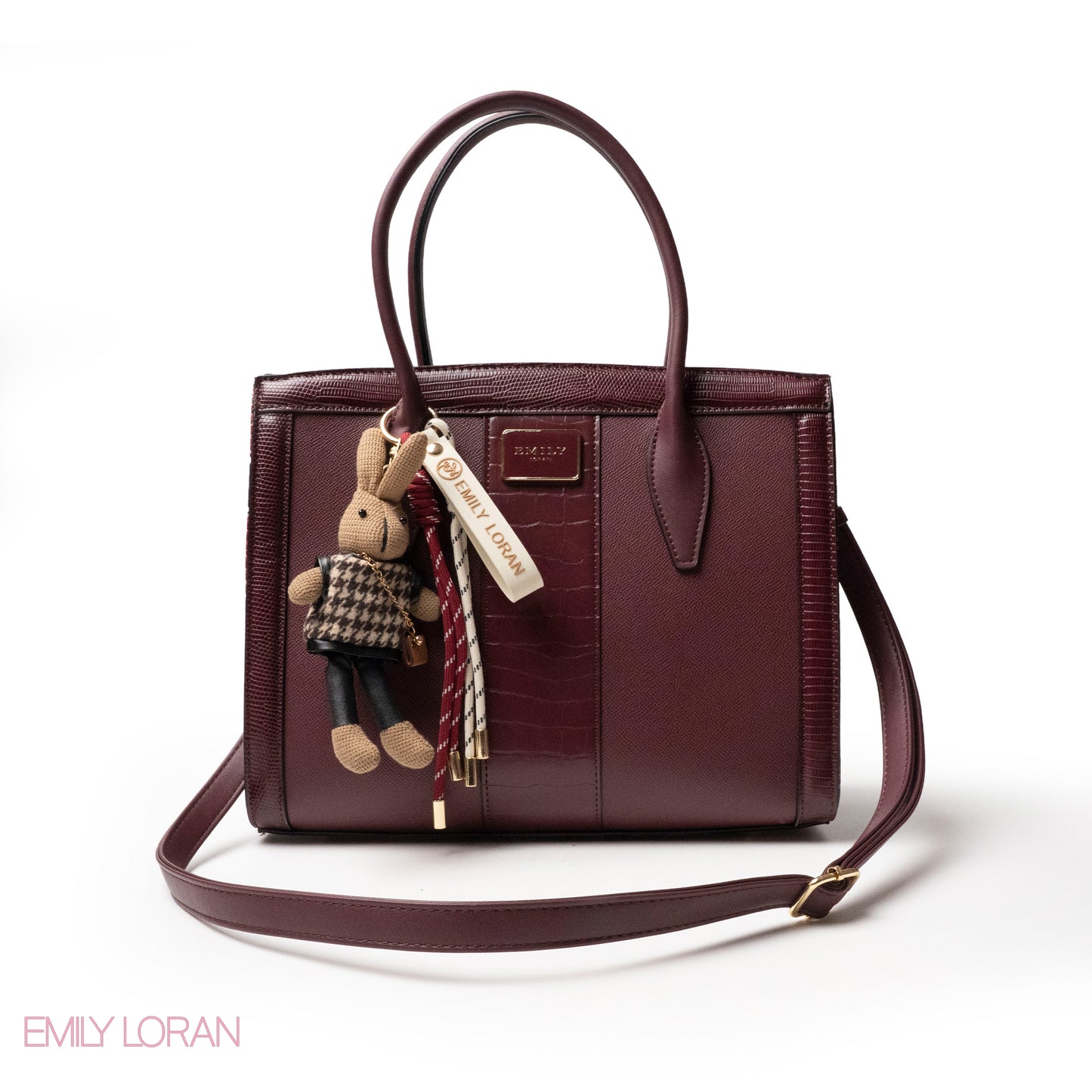 MAROON SMOOTH LEATHER HANDBAG WITH ACCESSORIES - LARGE