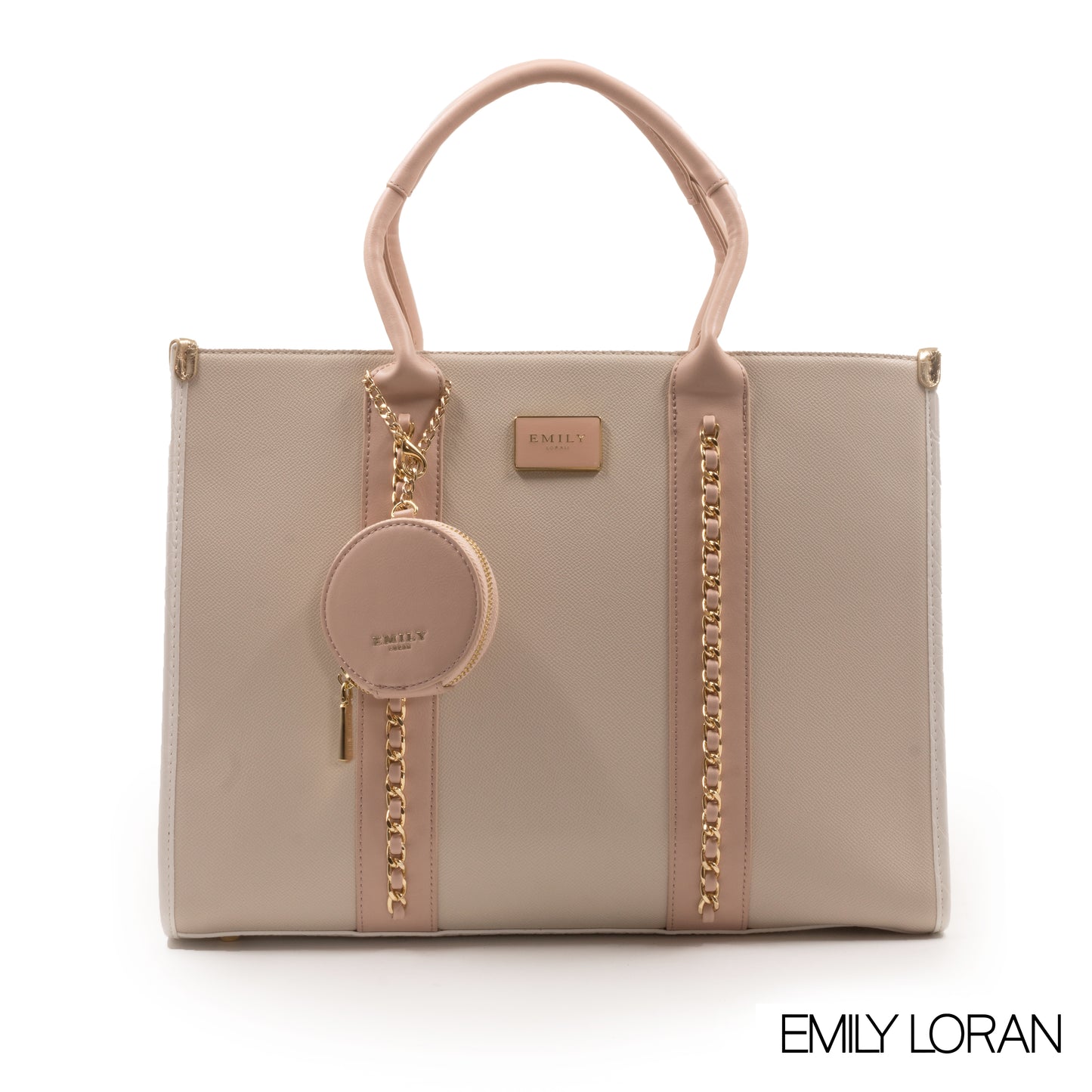 BEIGE LEATHER EMILY LORAN HANDBAG WITH CHAIN DETAIL -LARGE