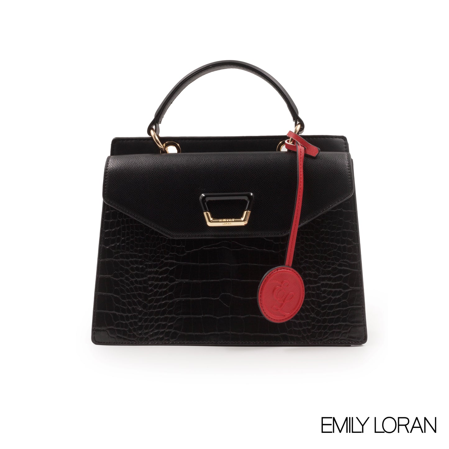 BLACK CROC LEATHER HANDBAG WITH FLAP -MED