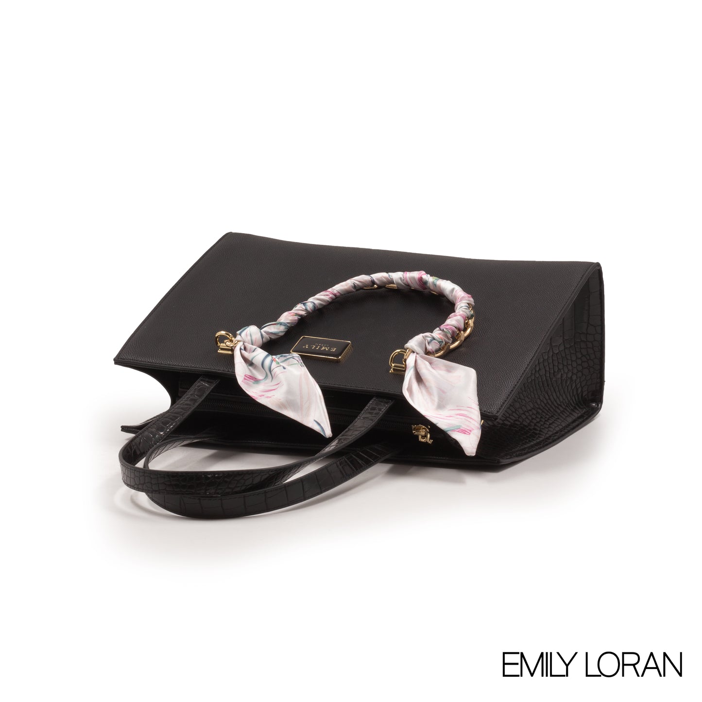 BLACK LEATHER HANDBAG WITH GOLD CHAIN AND SCARF -LARGE