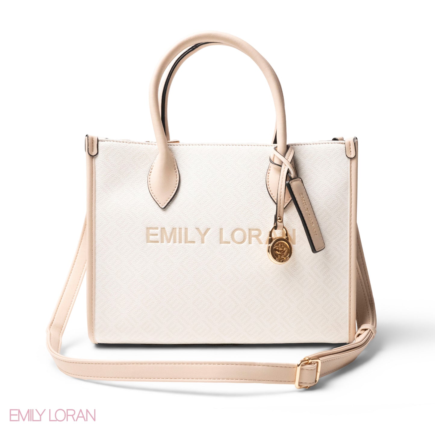 EMILY LORAN LOGO EMBOSSED LEATHER HANDBAG WITH METAL CHAIN-LARGE