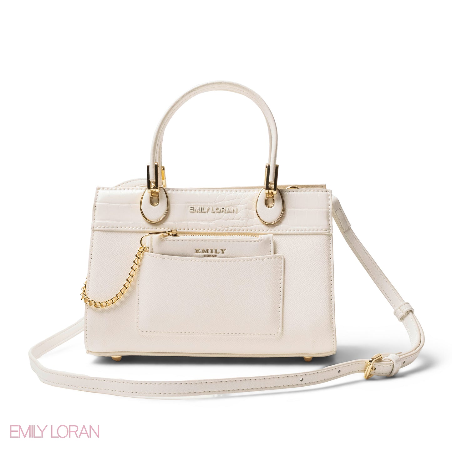 WHITE LEATHER SMOOTH HANDBAG WITH CROC DETAILS-MED