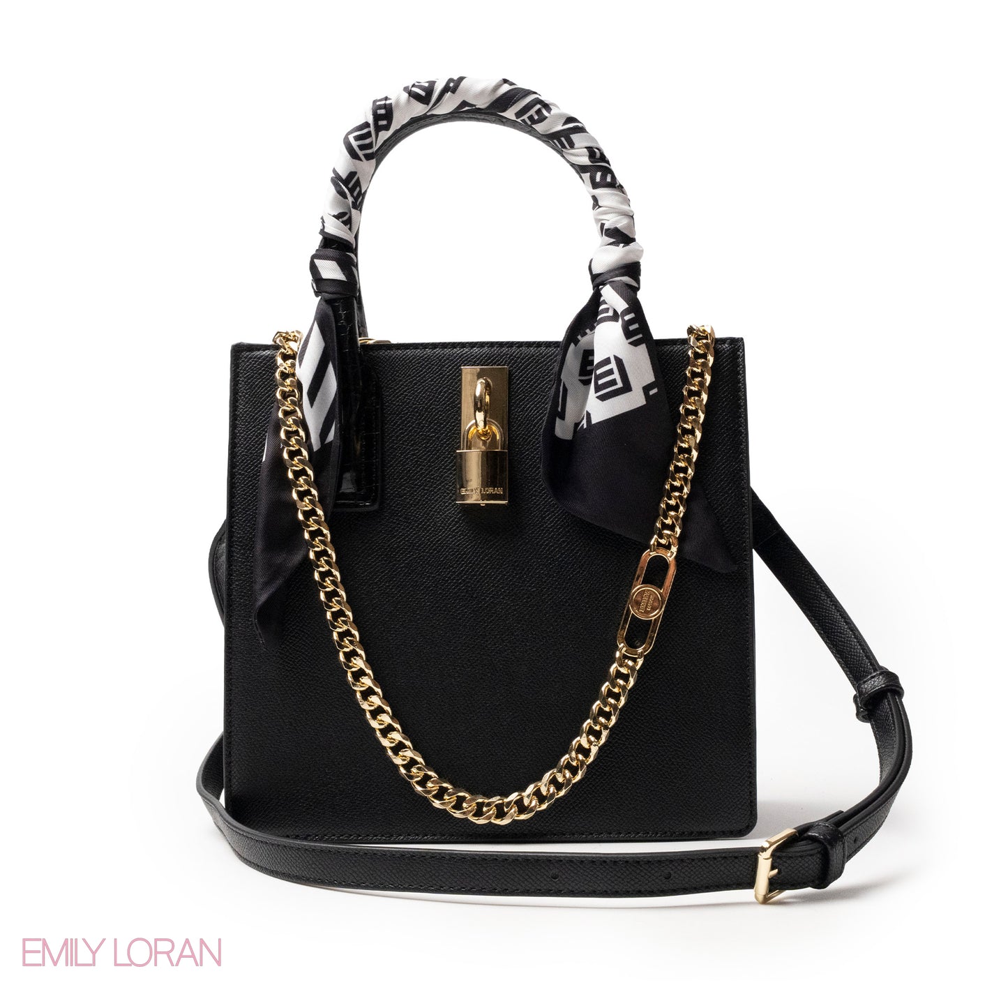 BLACK LEATHER HANDBAG WITH SILKY SCARF, METAL CHAIN - MED