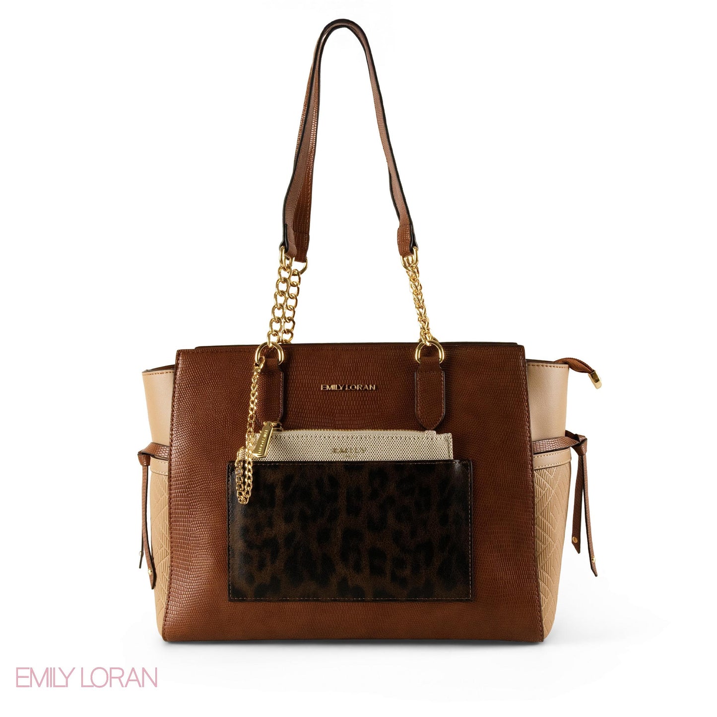 BROWN LEATHER SHOULDER BAG WITH LEOPARD ACCENTS- LARGE