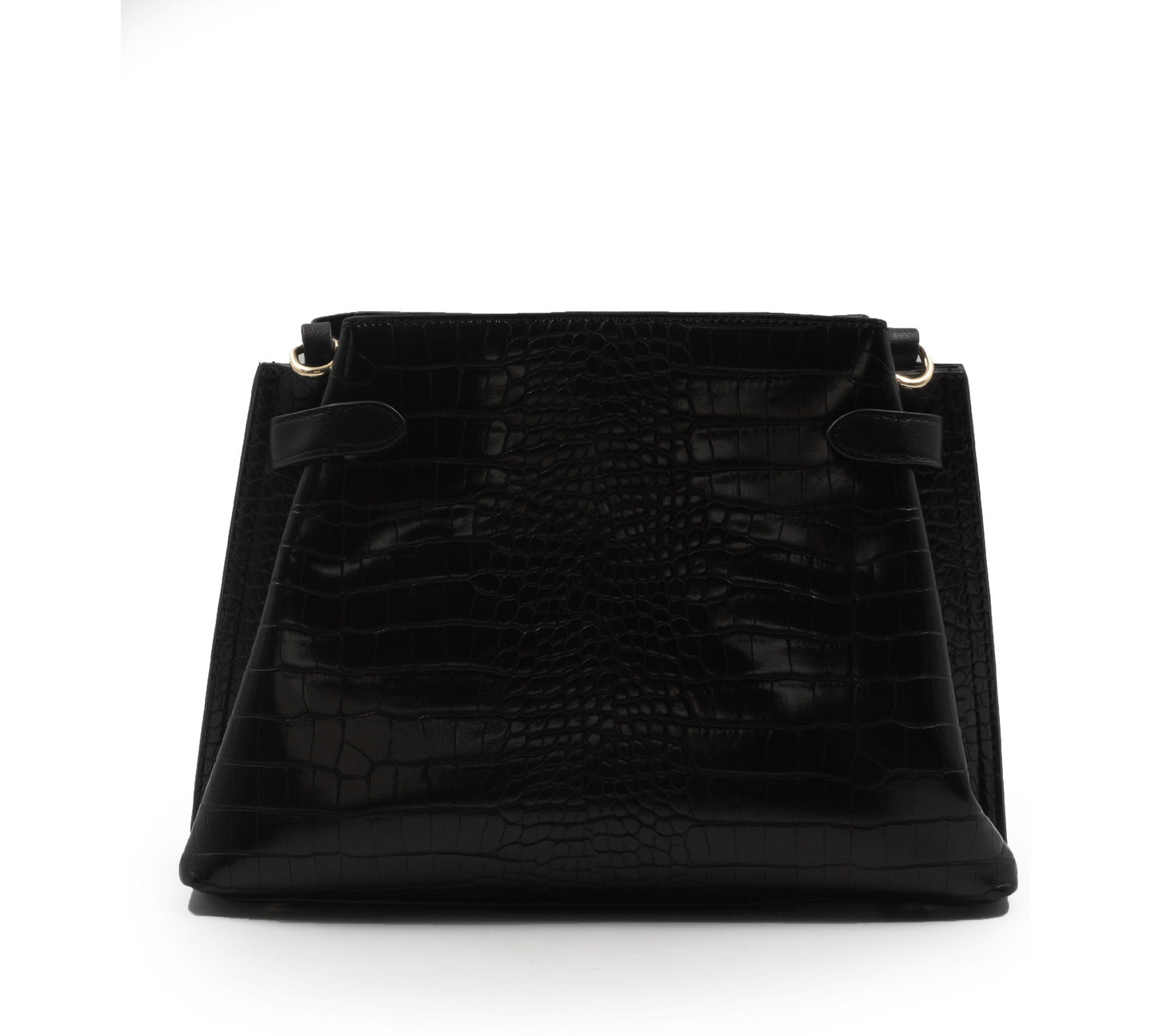 BLACK LEATHER HANDBAG WITH CROC DETAILS TOUCH -MED
