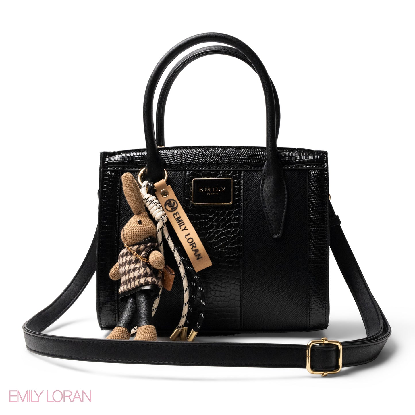 BLACK SMOOTH LEATHER HANDBAG WITH ACCESSORIES -MED