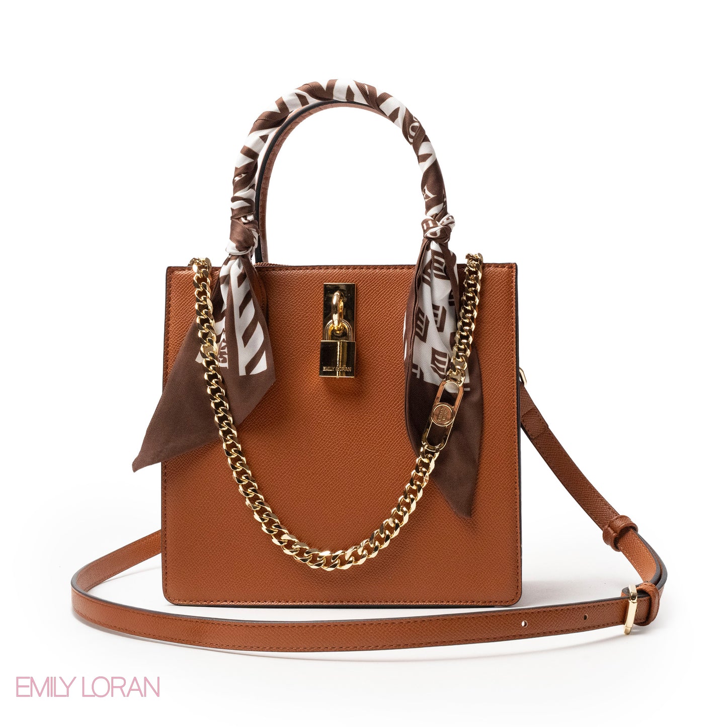 CAMEL LEATHER HANDBAG WITH SILKY SCARF, METAL CHAIN - MED