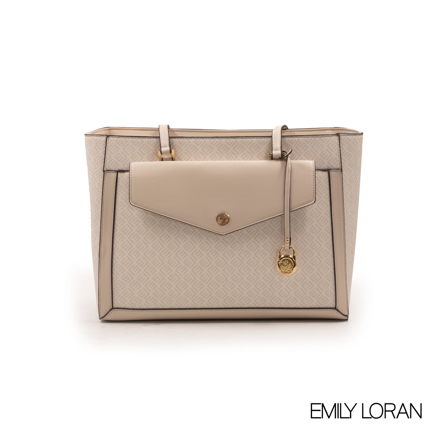 BEIGE LEATHER MONOGRAM TOTE WITH FRONT POUCH -LARGE
