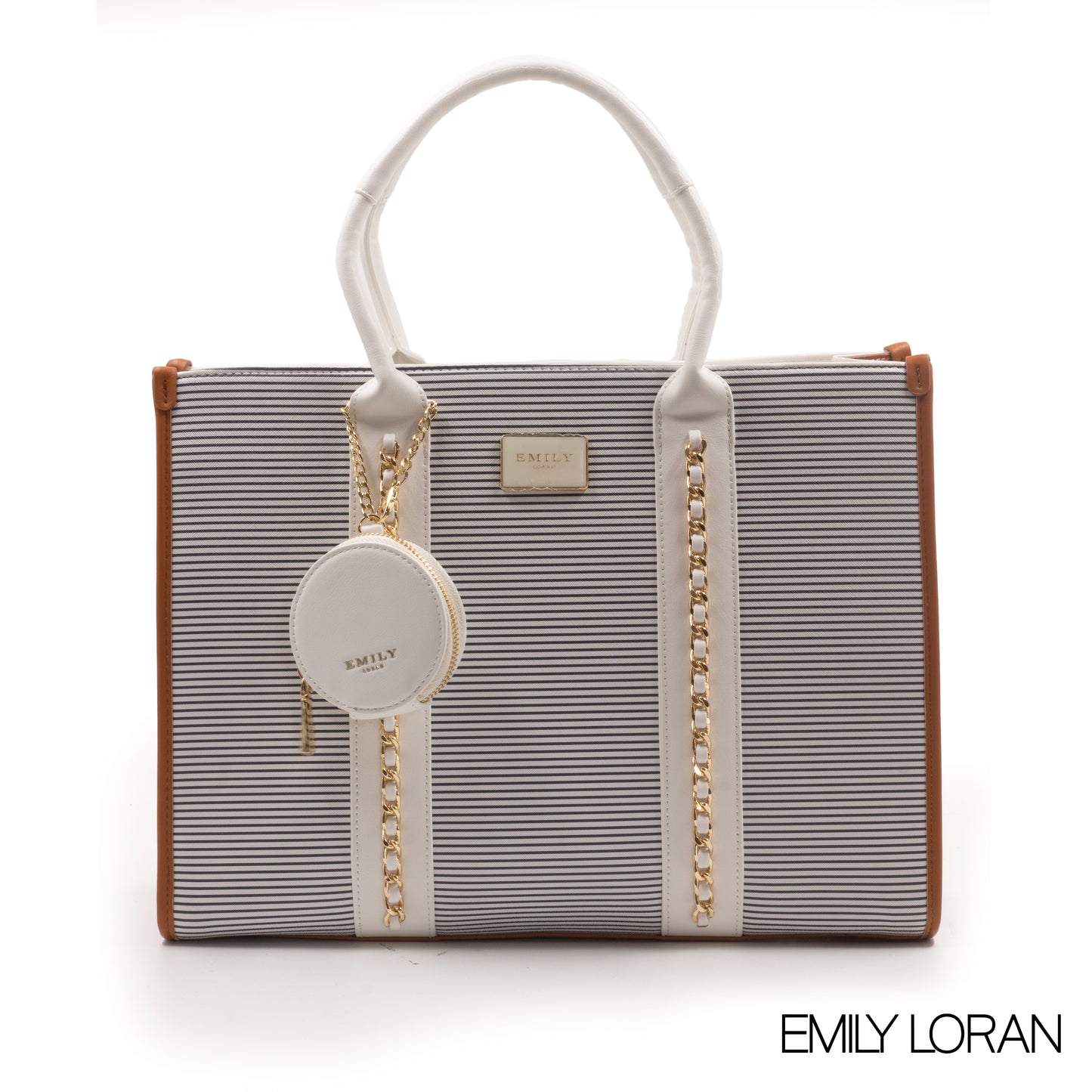 STRIPED NAVY LEATHER EMILY LORAN HANDBAG WITH CHAIN DETAIL -LARGE