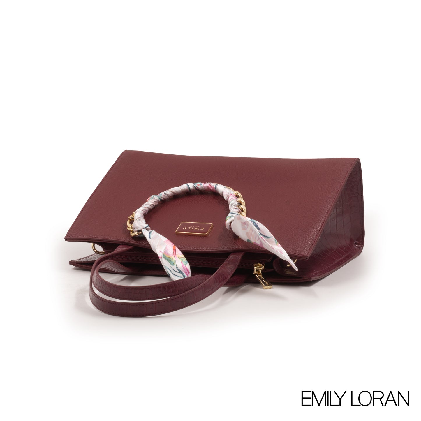 MAROON LEATHER HANDBAG WITH GOLD CHAIN AND SCARF -LARGE