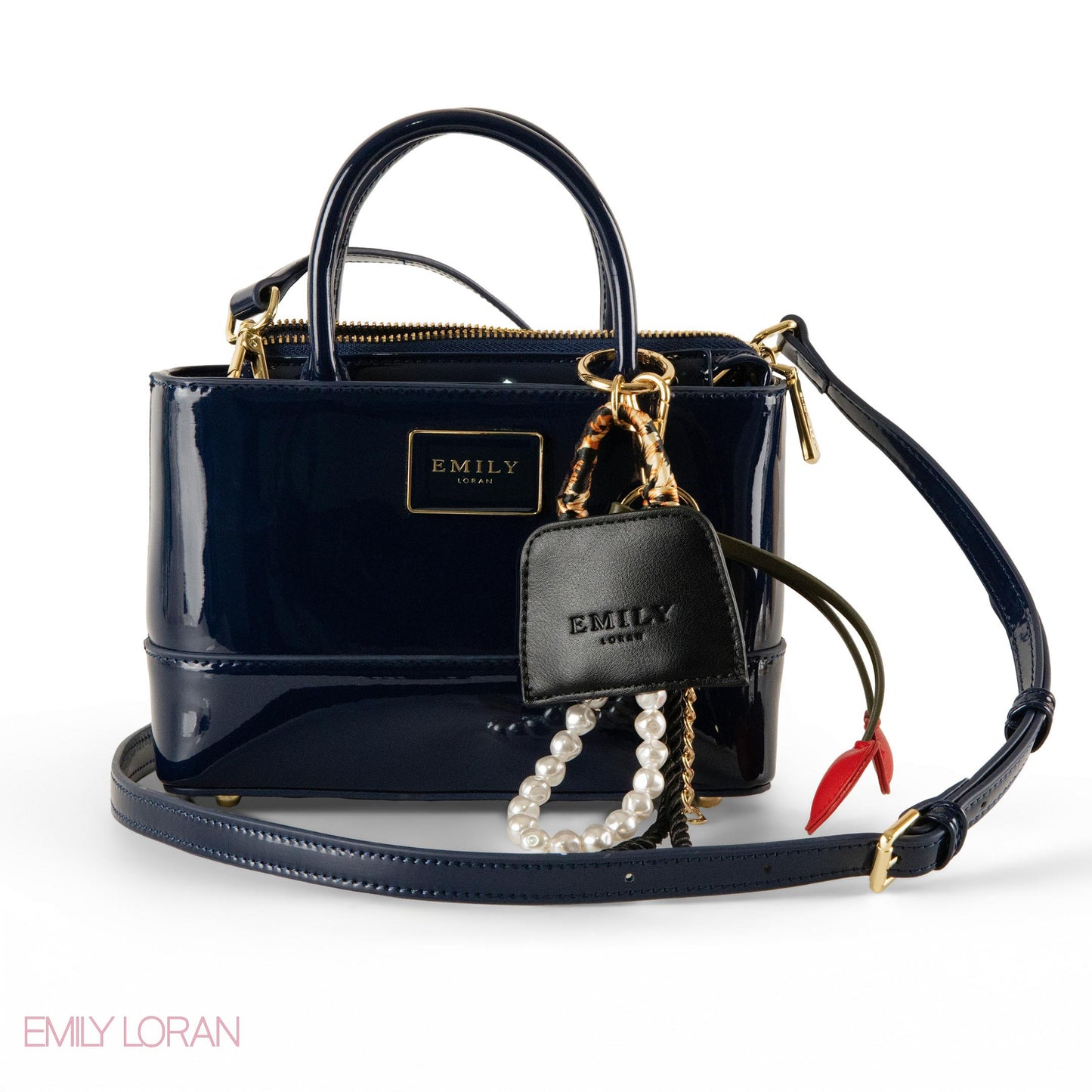 DARK BLUE GLOSSY LEATHER HANDBAG WITH ACCESSORIES- SMALL