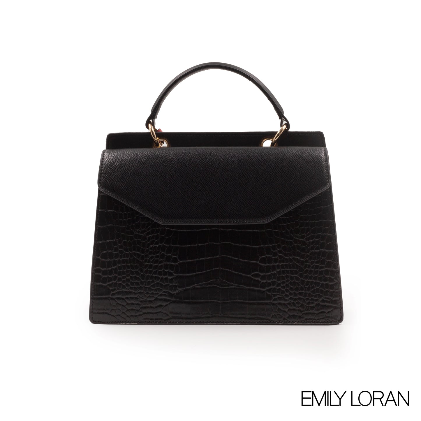 BLACK CROC LEATHER HANDBAG WITH FLAP -MED
