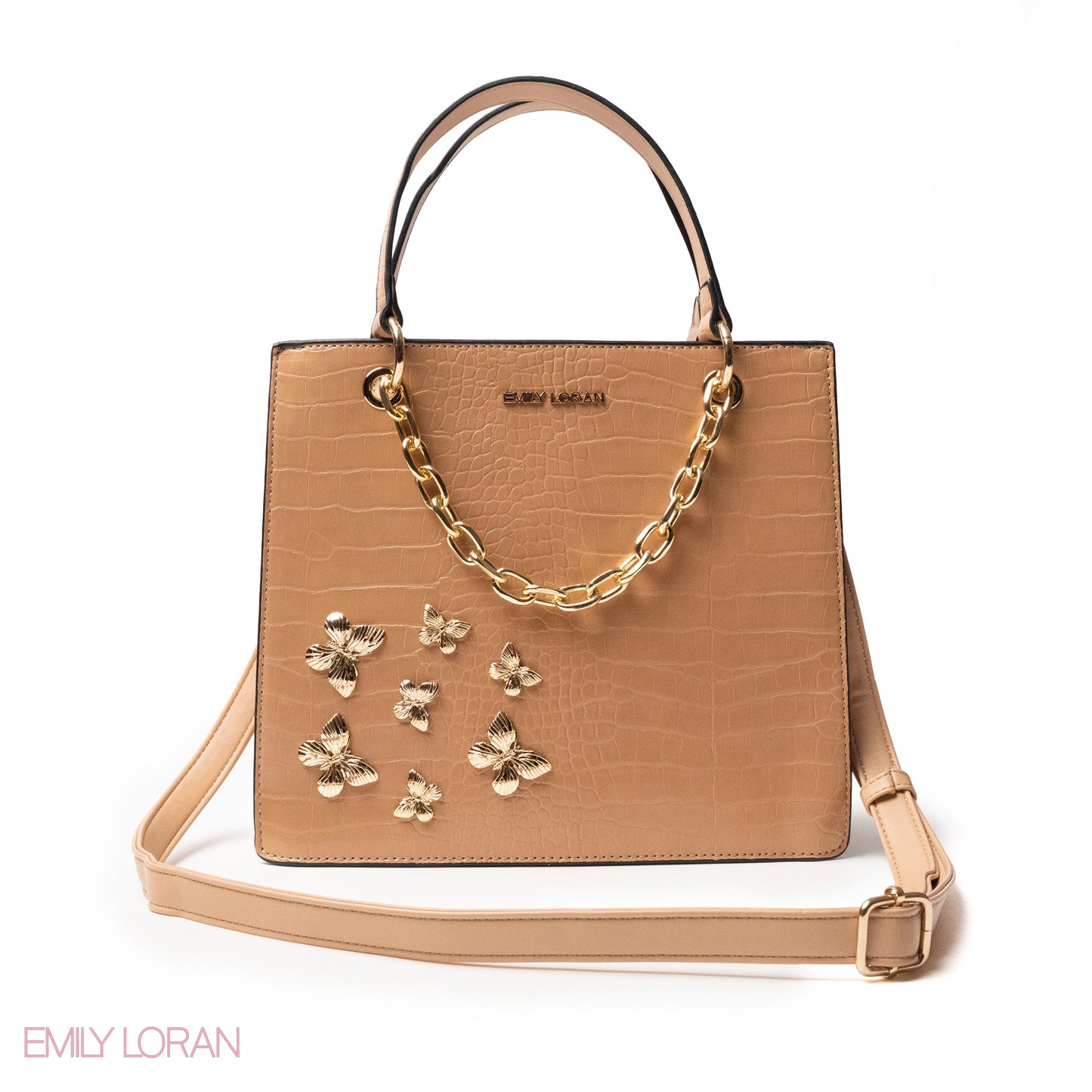 BEIGE LEATHER HANDBAG WITH METAL CHAIN,BUTTERFLIES - MED