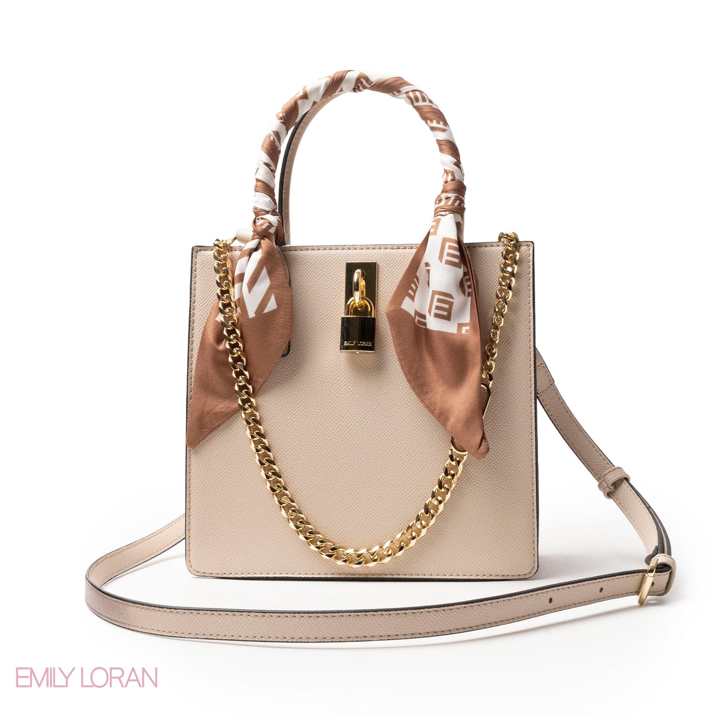 CREAMY LEATHER HANDBAG WITH SILKY SCARF, METAL CHAIN - MED