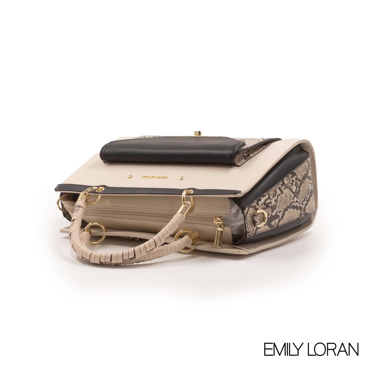 BEIGE LEATHER HANDBAG WITH SNAKE ACCENT -LARGE