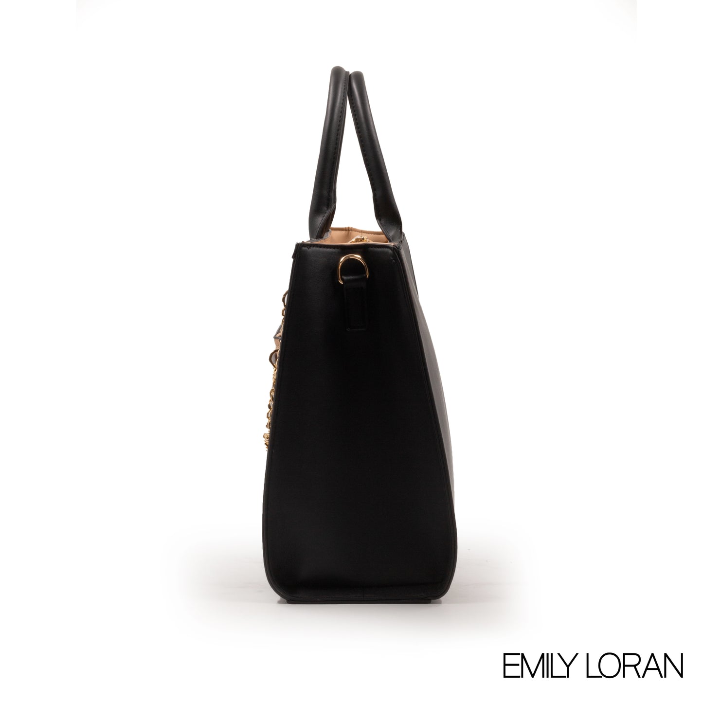 BLACK LEATHER EMILY LORAN HANDBAG WITH METAL CHAIN-LARGE