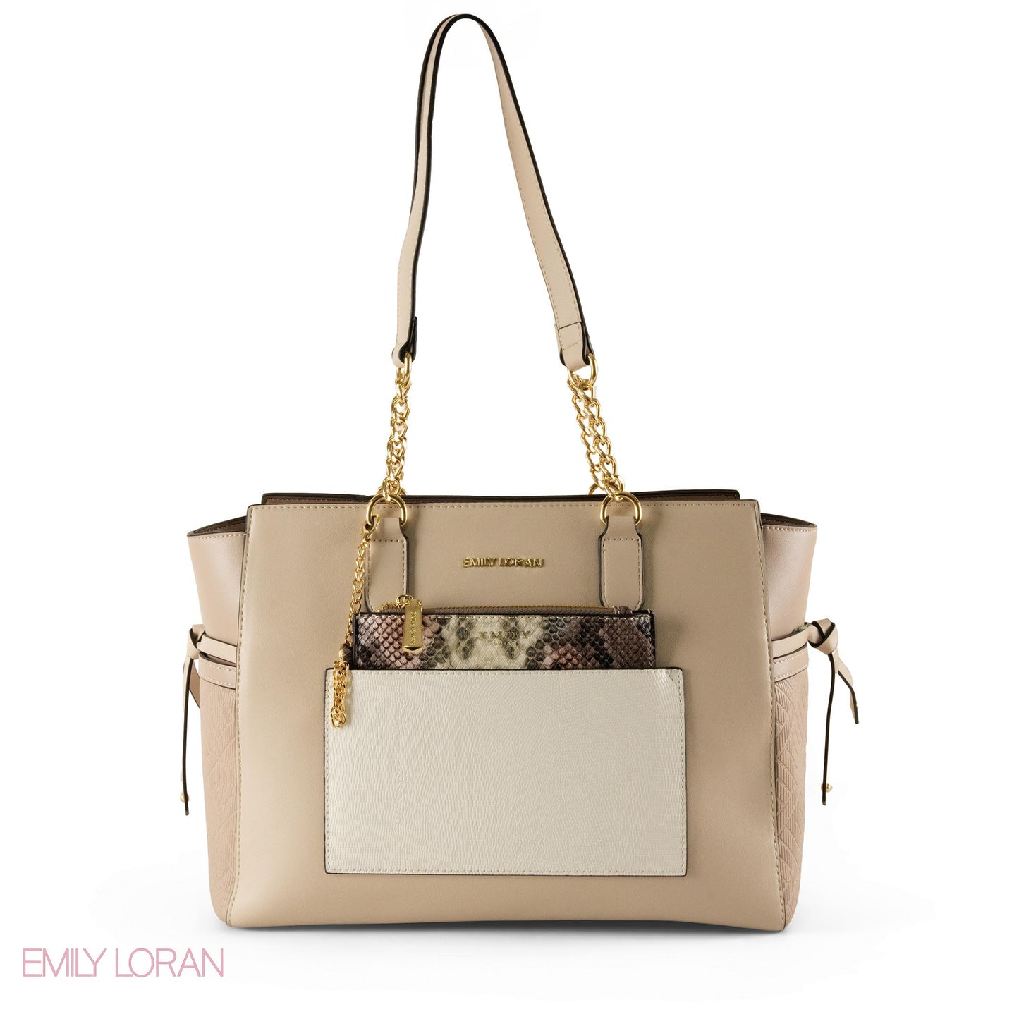 BEIGE LEATHER SHOULDER BAG WITH SNAKE ACCENTS - LARGE