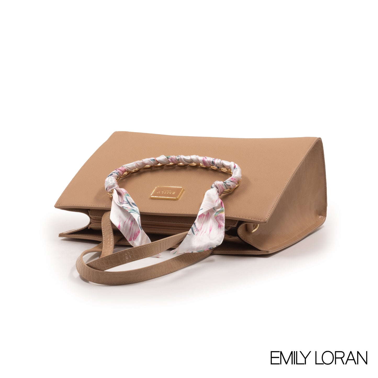 BEIGE LEATHER HANDBAG WITH GOLD CHAIN AND SCARF -LARGE