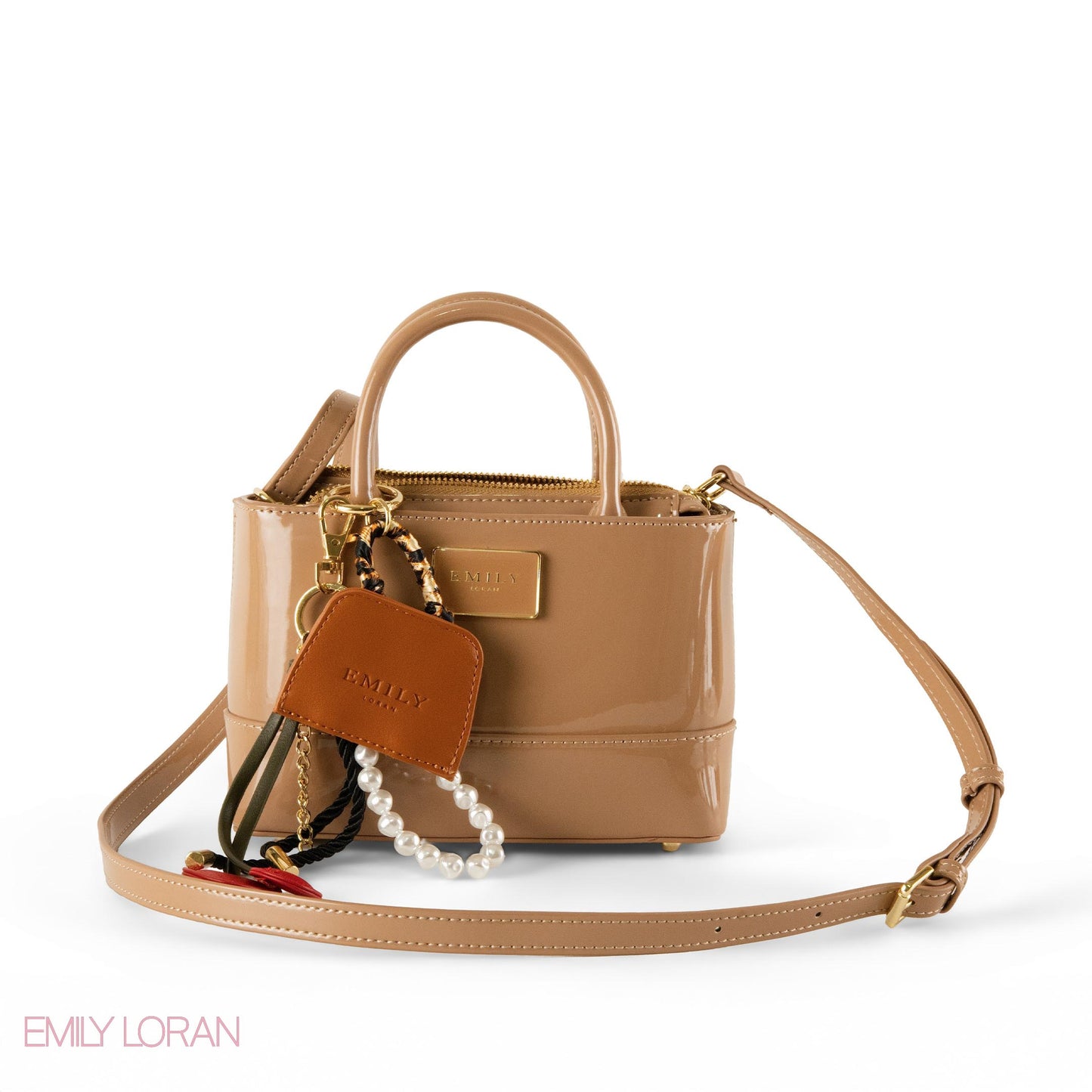 CAPPUCCINO GLOSSY LEATHER HANDBAG WITH ACCESSORIES- SMALL