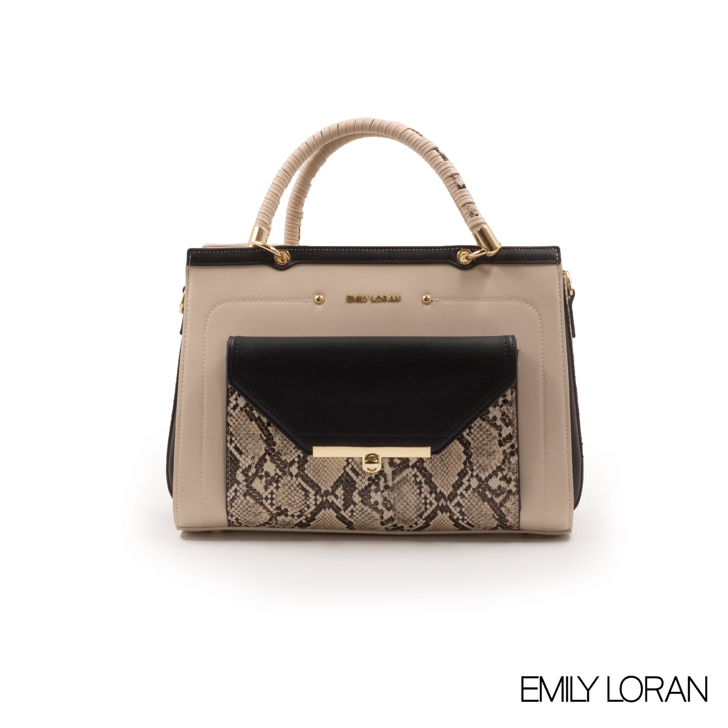 BEIGE LEATHER HANDBAG WITH SNAKE ACCENT -LARGE