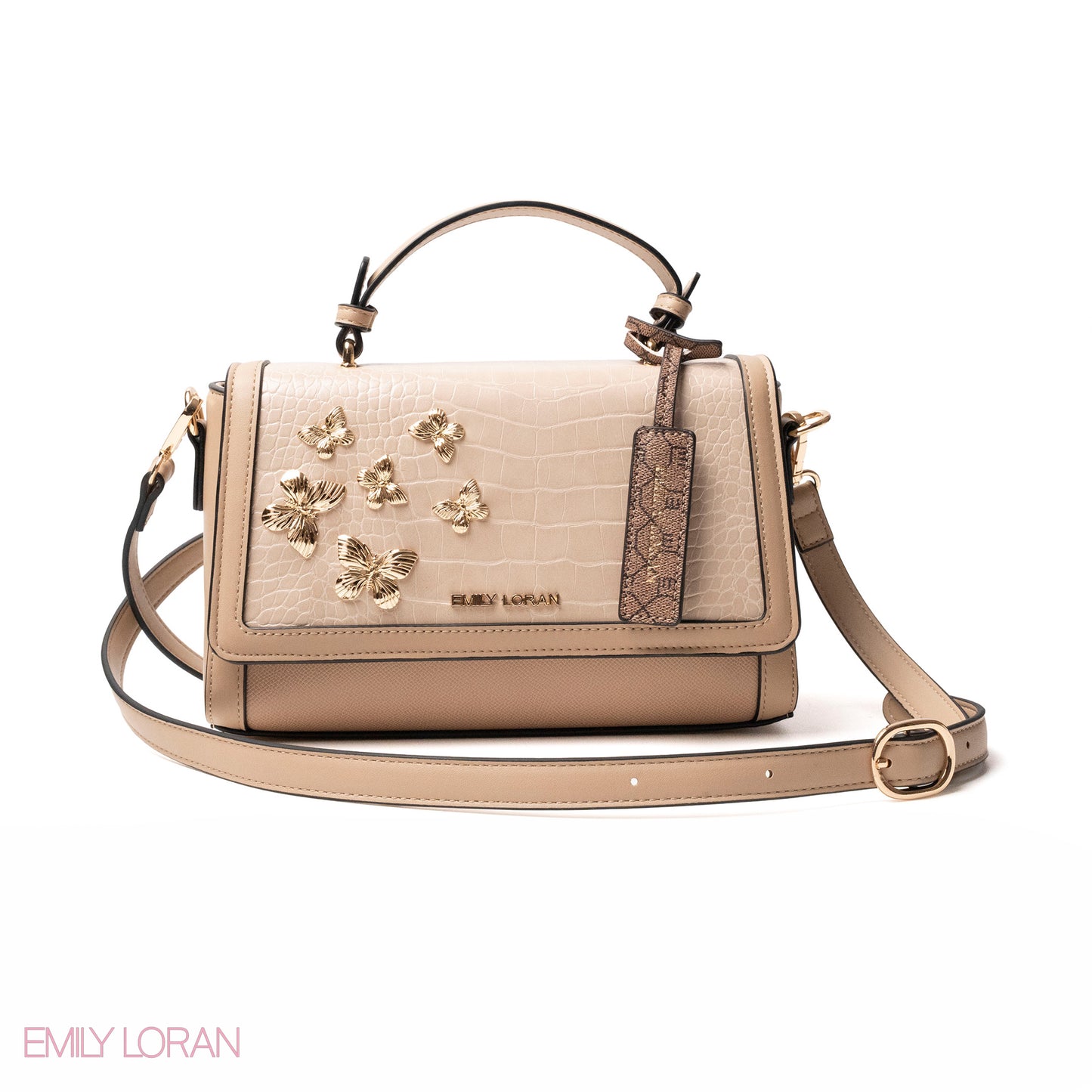 BEIGE LEATHER HANDBAG WITH CROC,BUTTERFLIES DETAILS-MED