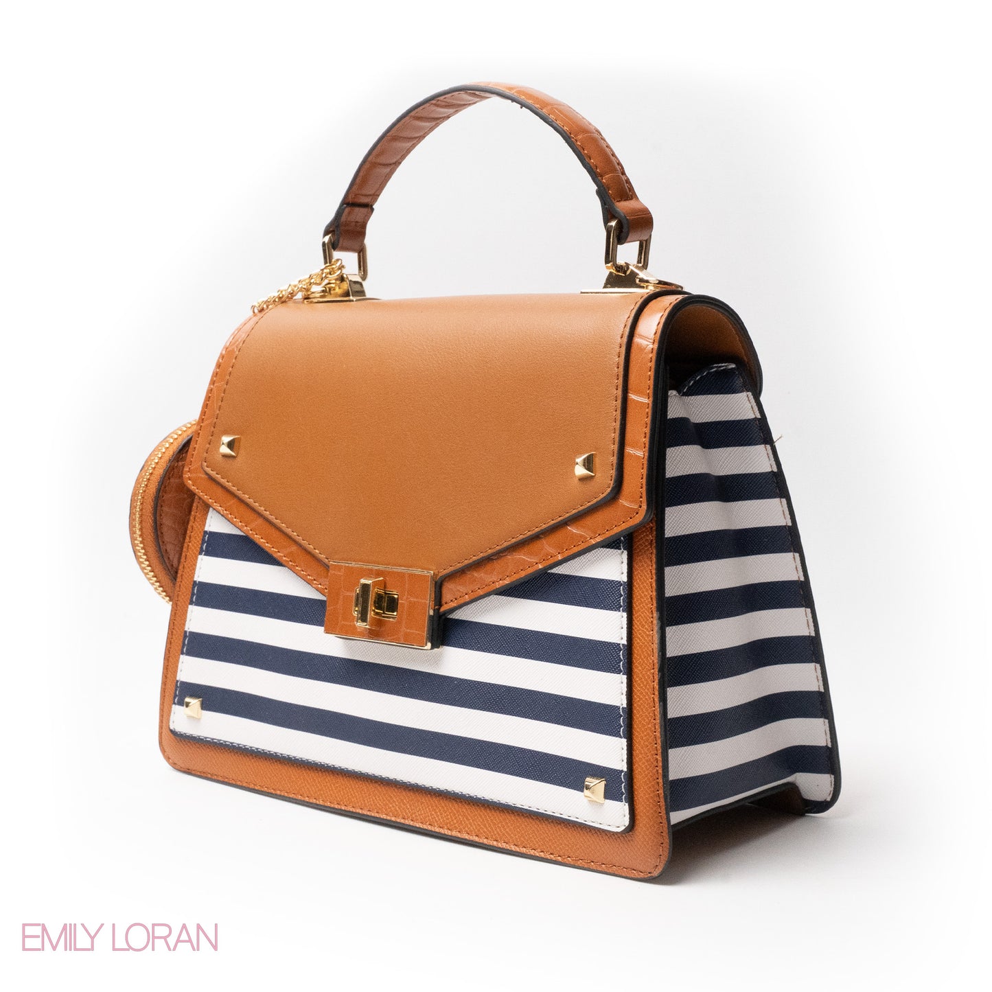 STRIPED NAVY LEATHER HANDBAG WITH FLAP - MED