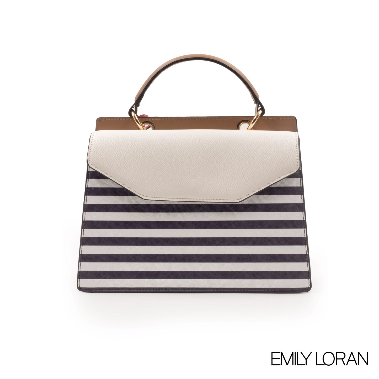 STRIPED NAVY LEATHER HANDBAG WITH FLAP -MED