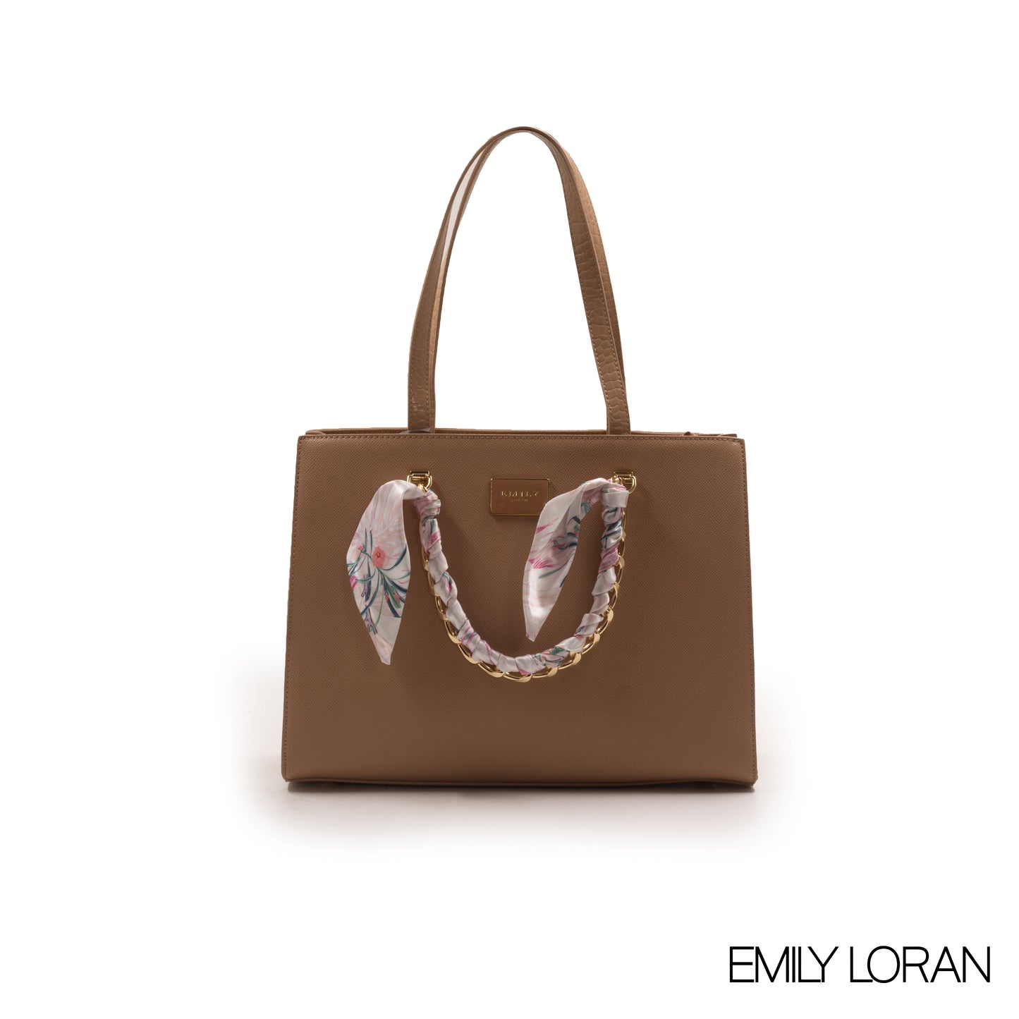 BEIGE LEATHER HANDBAG WITH GOLD CHAIN AND SCARF -LARGE
