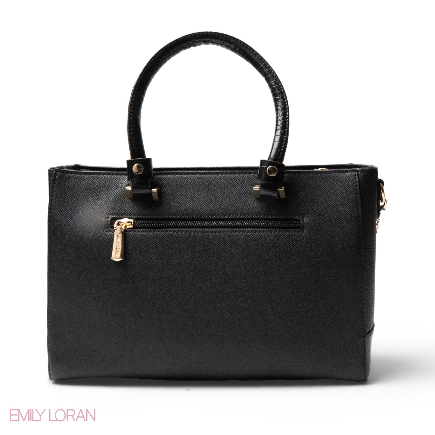 BLACK LEATHER SMOOTH HANDBAG WITH CROC DETAILS -LARGE