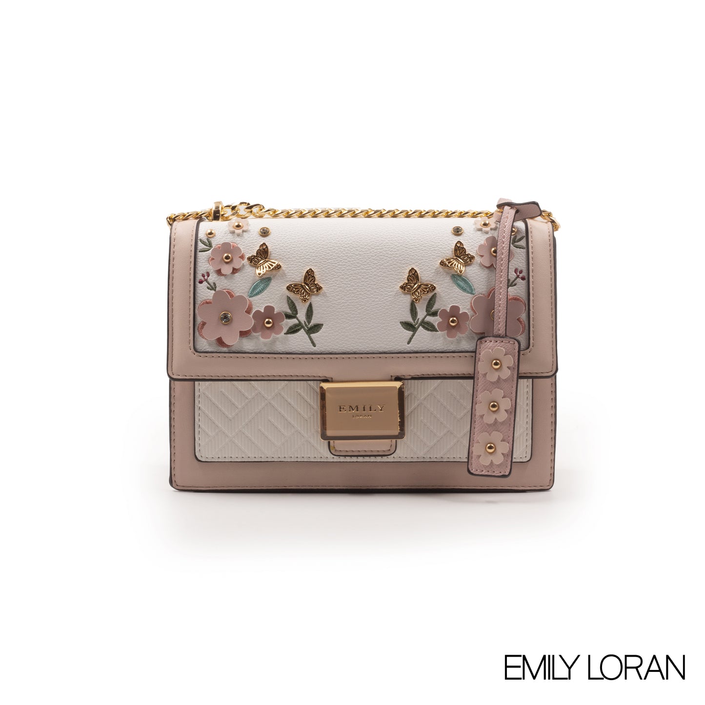 LEATHER CROSSBODY BAG WITH FLORAL , BUTTERFLY EMBROIDERY -MED