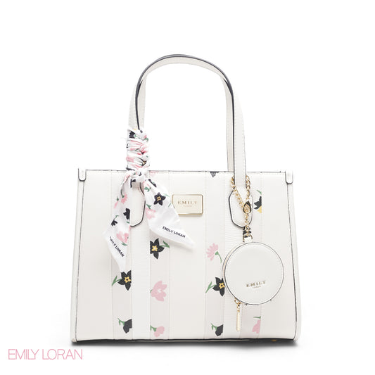 WHITE FLORAL TOTE WITH CIRCULAR POUCH - LARGE