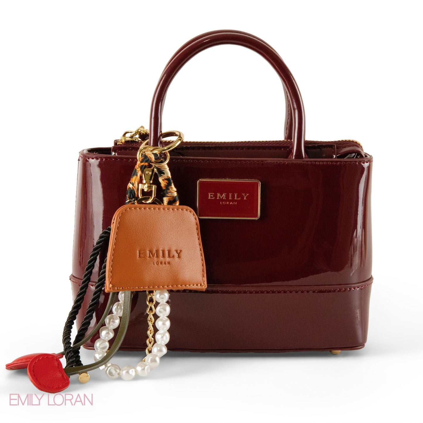 MAROON GLOSSY LEATHER HANDBAG WITH ACCESSORIES- SMALL