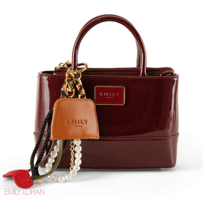 MAROON GLOSSY LEATHER HANDBAG WITH ACCESSORIES- SMALL