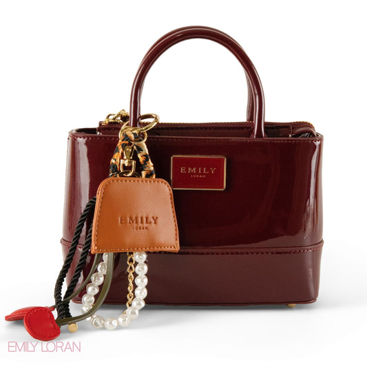 MAROON GLOSSY LEATHER HANDBAG WITH ACCESSORIES- SMALL