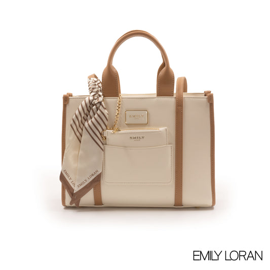 SMOOTH BEIGE LEATHER HANDBAG WITH SCARF-MED