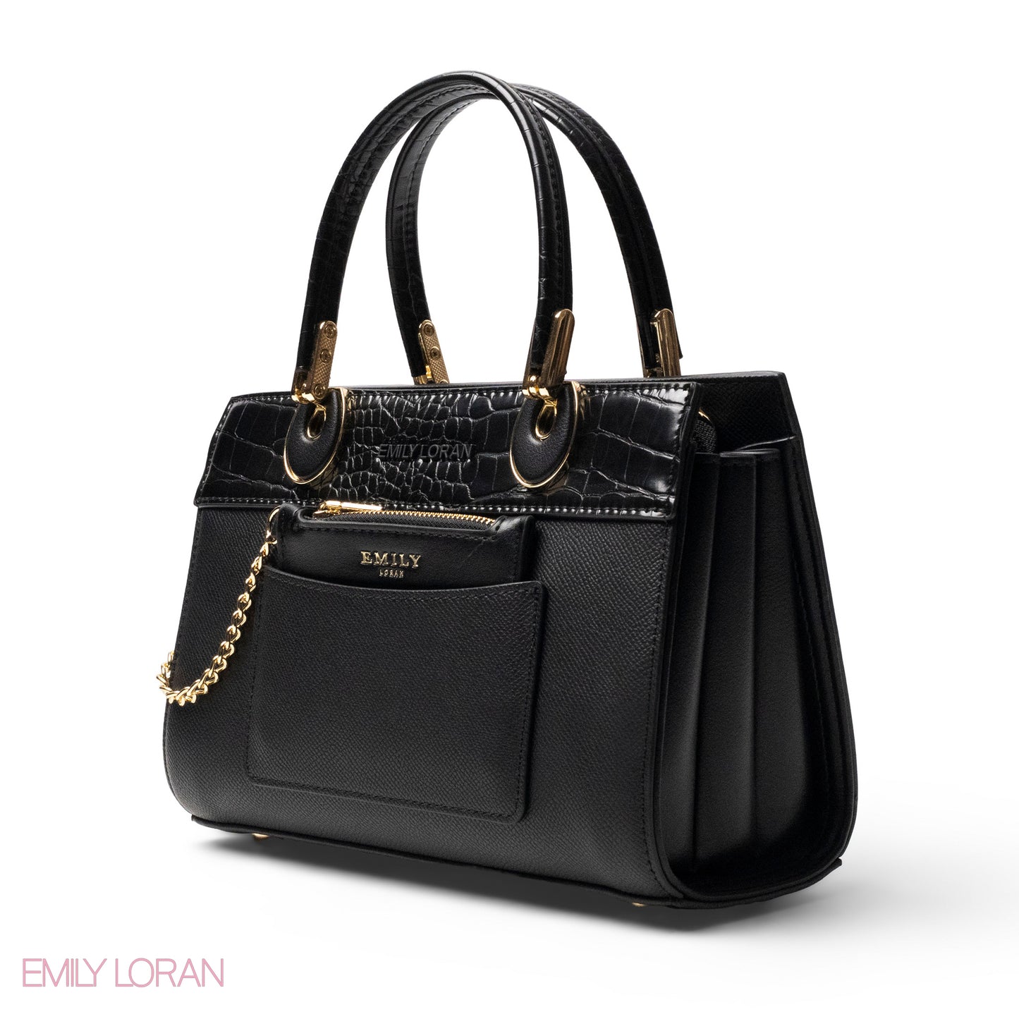 BLACK LEATHER SMOOTH HANDBAG WITH CROC DETAILS-MED