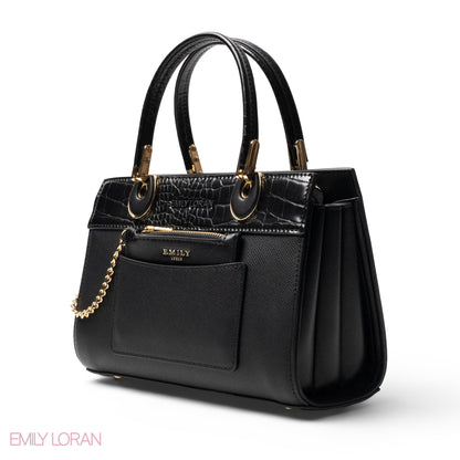 BLACK LEATHER SMOOTH HANDBAG WITH CROC DETAILS-MED