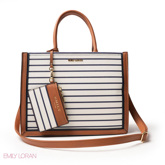 LEATHER HANDBAG WITH STRIPED NAVY DETAIL TOUCH - LARGE
