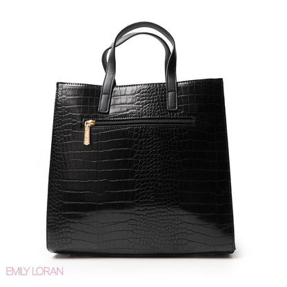 BLACK CROCODILE LEATHER HANDBAG WITH METAL CHAIN - LARGE