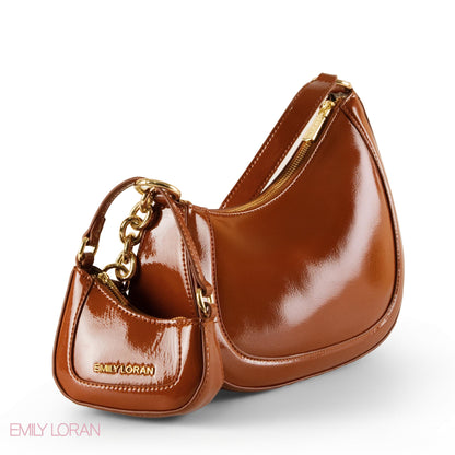MODERN GLOSSY LEATHER SHOULDER BAG WITH MINI WALLET - SMALL