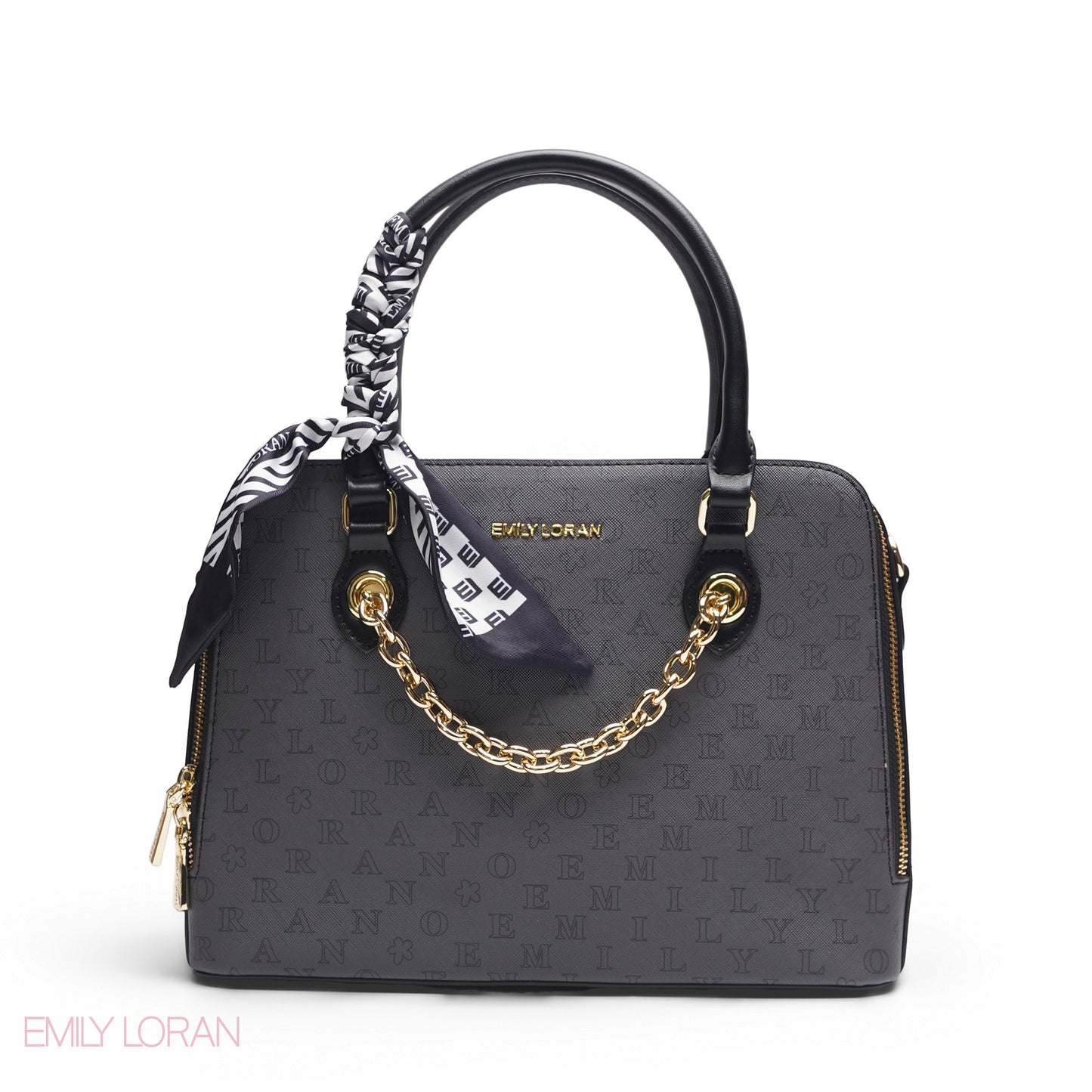 BLACK EMILY LETTER PRINT SATCHEL BAG WITH SCARF ACCENT - MED