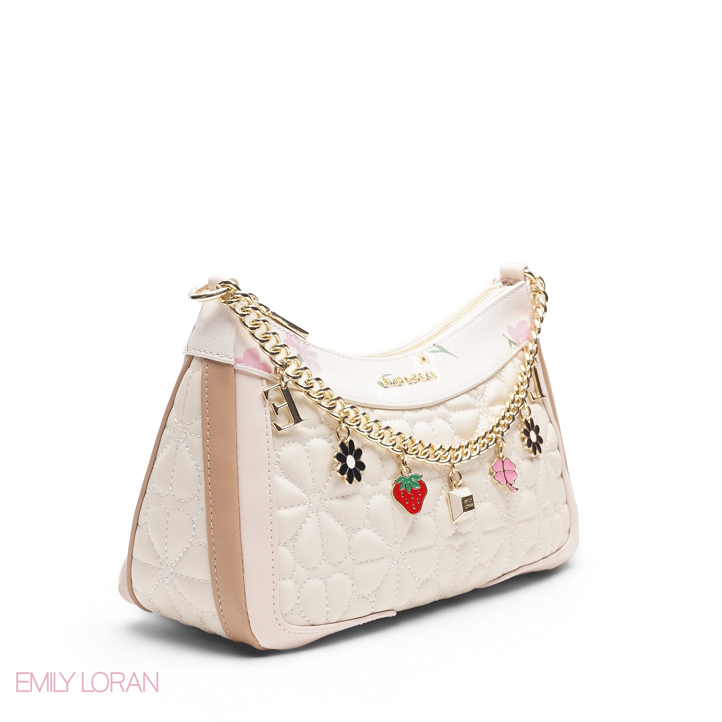 WHITE FLORAL SHOULDER BAG WITH CHAIN STRAP