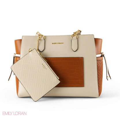 CREAMY LEATHER SHOULDER BAG WITH CROC ACCENTS - LARGE