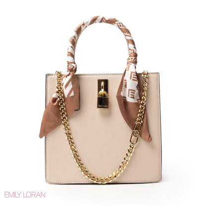 CREAMY LEATHER HANDBAG WITH SILKY SCARF, METAL CHAIN - MED