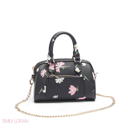 BLACK FLORAL BAG WITH FRONT POUCH & GOLD CHAIN