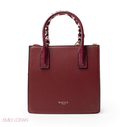 MAROON LEATHER HANDBAG WITH SILKY SCARF, METAL CHAIN - MED