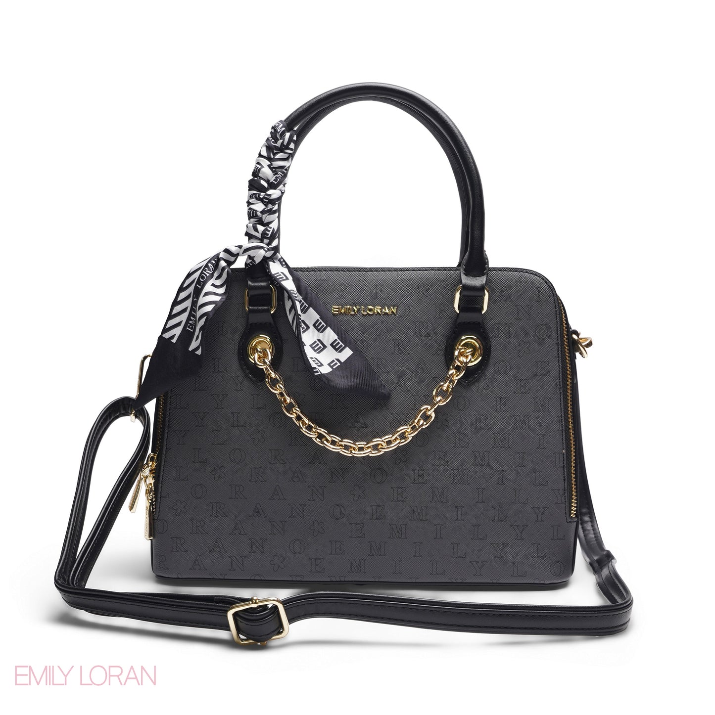 BLACK EMILY LETTER PRINT SATCHEL BAG WITH SCARF ACCENT - MED