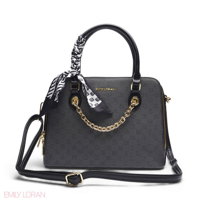 BLACK EMILY LETTER PRINT SATCHEL BAG WITH SCARF ACCENT - MED