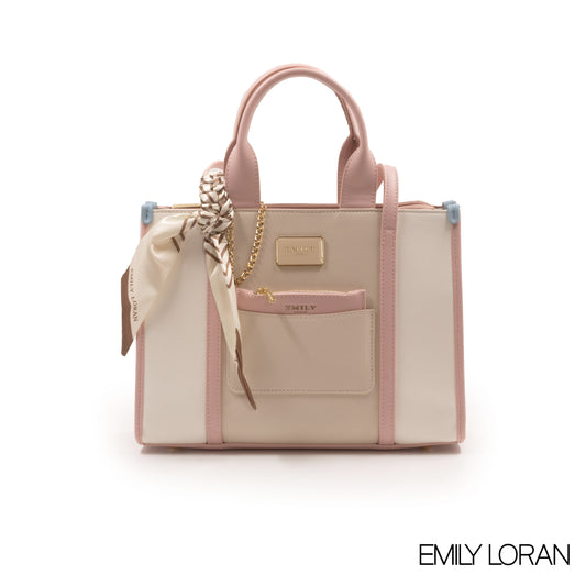 SMOOTH LIGHT-COLORED LEATHER HANDBAG WITH SCARF-MED